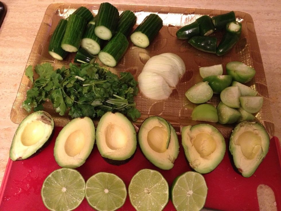 Wash everything and pat dry. Limes in halves, avocados in halves and pitted. The rest of the ingredients chop into small chunks, the food processor will do the rest. Jalape\u00f1os leave seeds in for spice