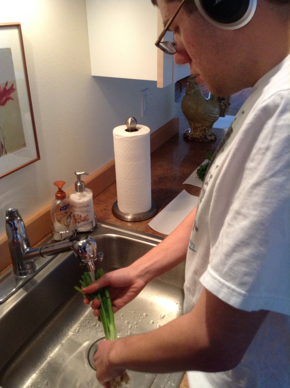 Wash green onions in sink
