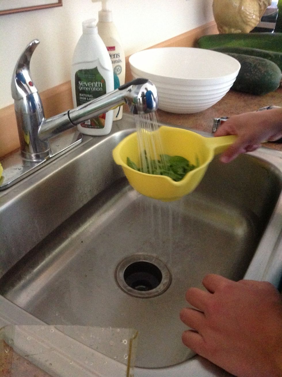 Wash herbs and zucchini in the sink