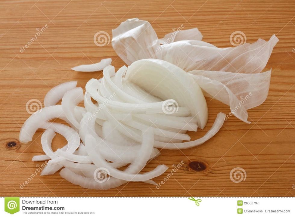 (Wash it) peel the onion On the cutting board and cut the Onion in slices.