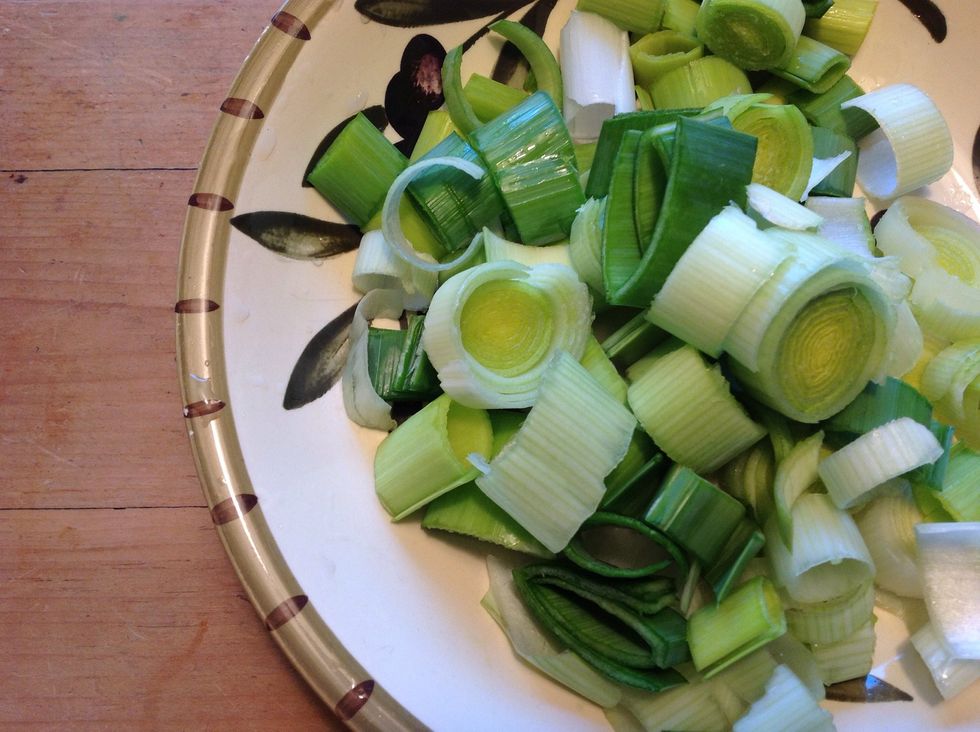 Wash leeks well, good ones tend to still have a bit of mud in the green area. Cut leek into pieces as big or small as you want.