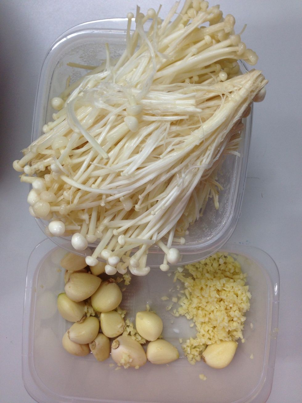 Wash mushroom, chop onion, chop spring green onion and crush garlic :x