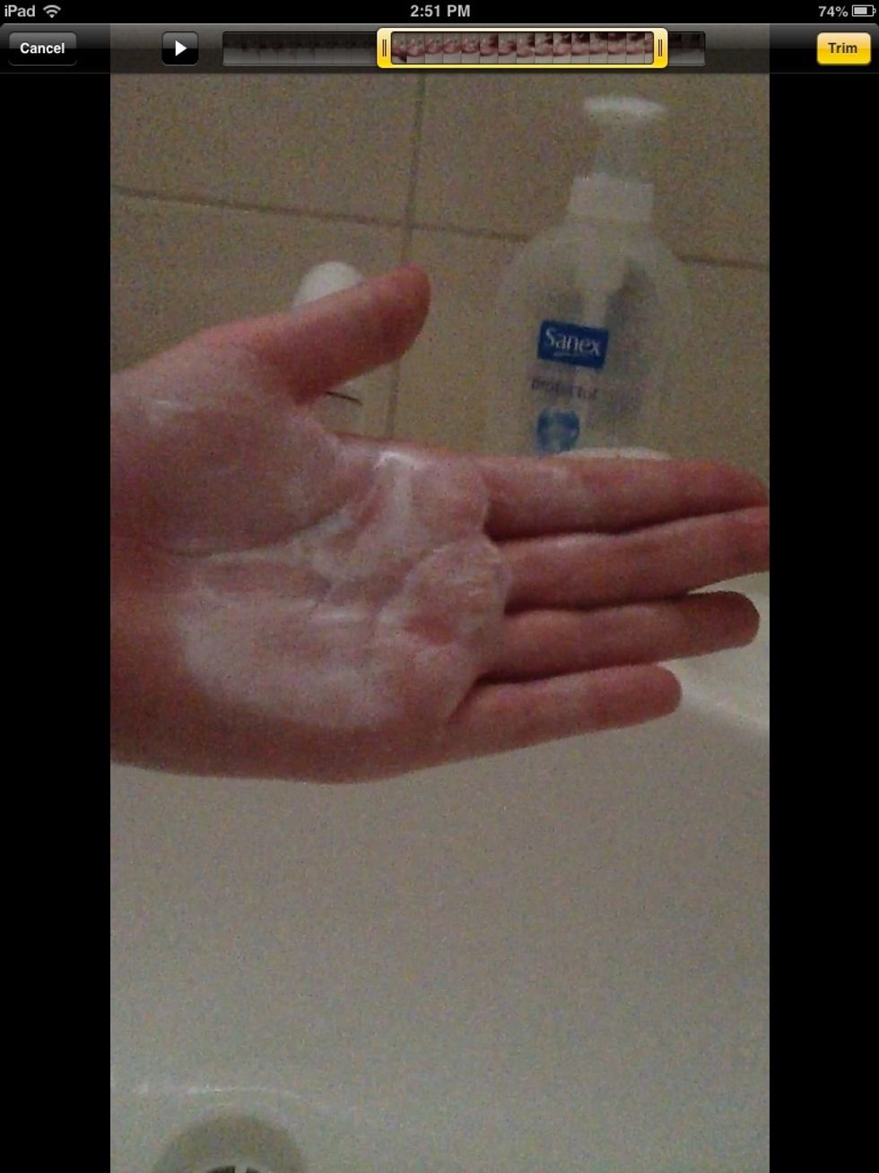 Wash olive oil off hand and Add soap- use a bar of soap if possible Ignore the trim thing haha sorry about that