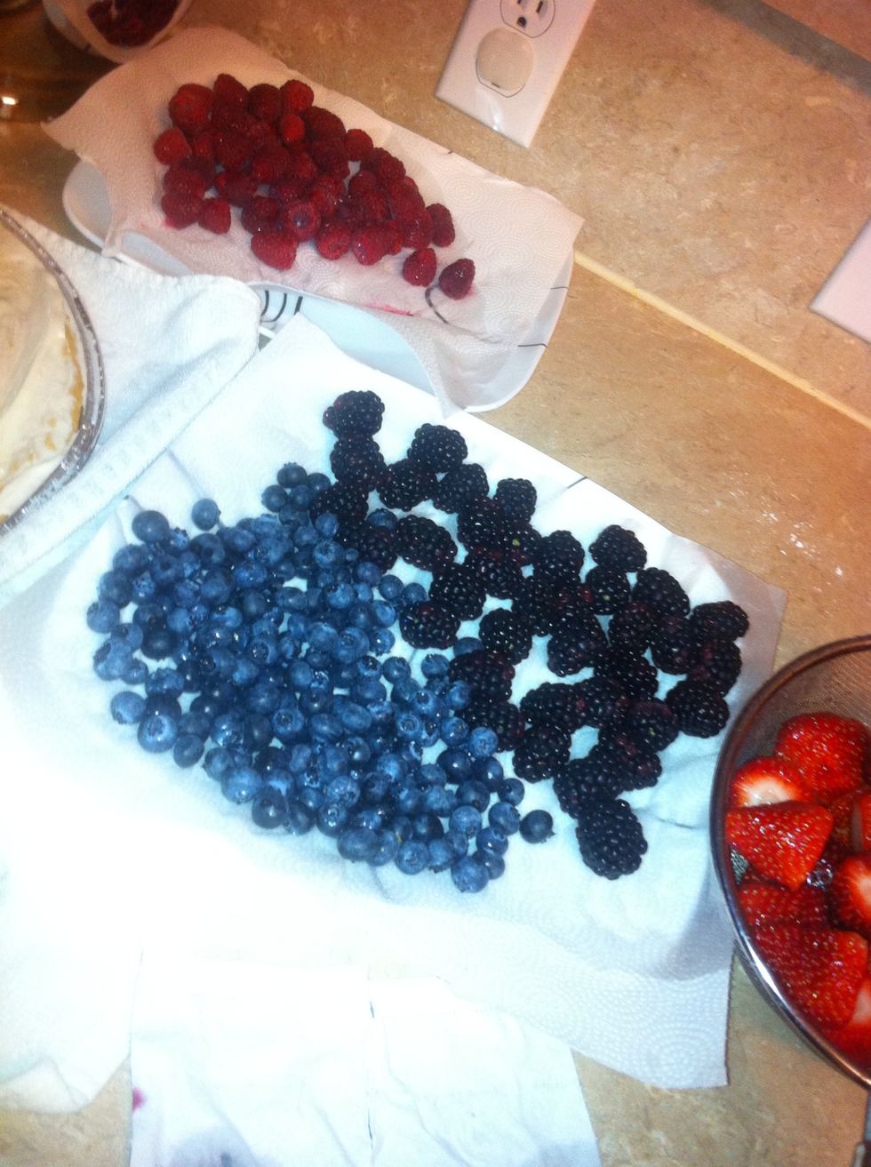 Wash the fruits. Some ideas for fruit: strawberries, blackberries, raspberries, blueberries, grapes, kiwi, mandarin oranges, and pineapple.