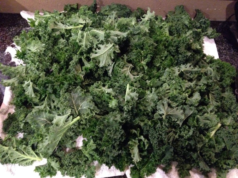 Wash the kale and remove from the large stem. Lay on towel to dry.