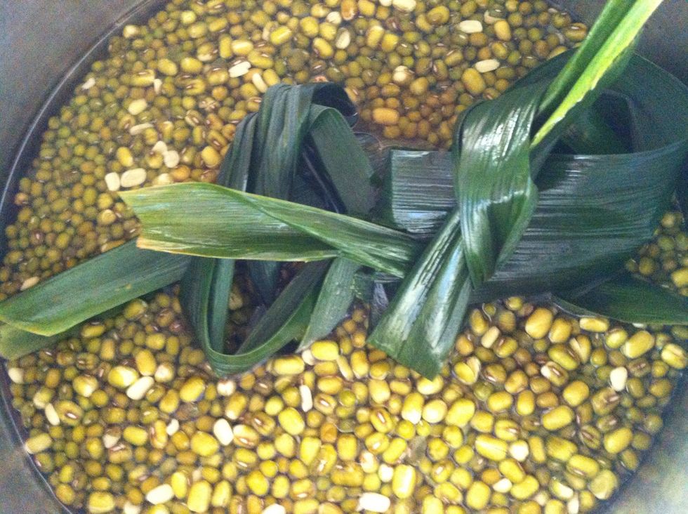 Wash the mung beans with water. Drain well. Add 3 cups water and drained beans into a pot. Tie a knot on the pandan leave & add to the pot