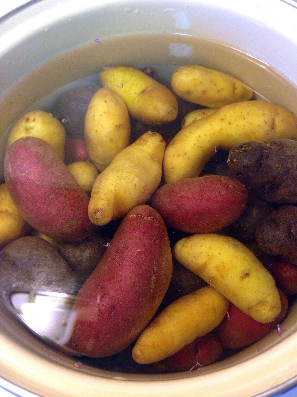 Wash the potatoes and boil till done