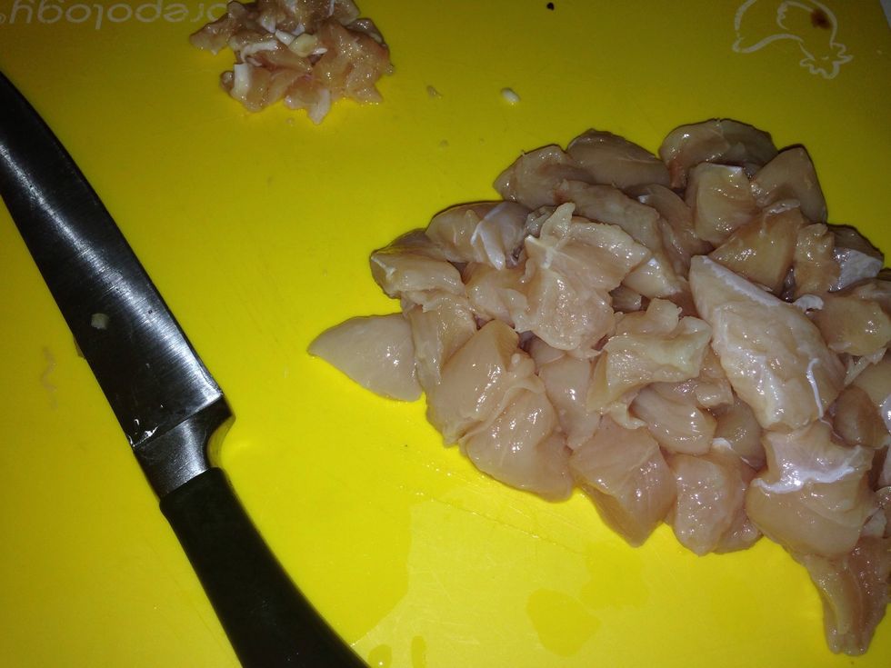 Wash your chicken and trim all that nasty stuff off then cut them into let's say 1" pieces