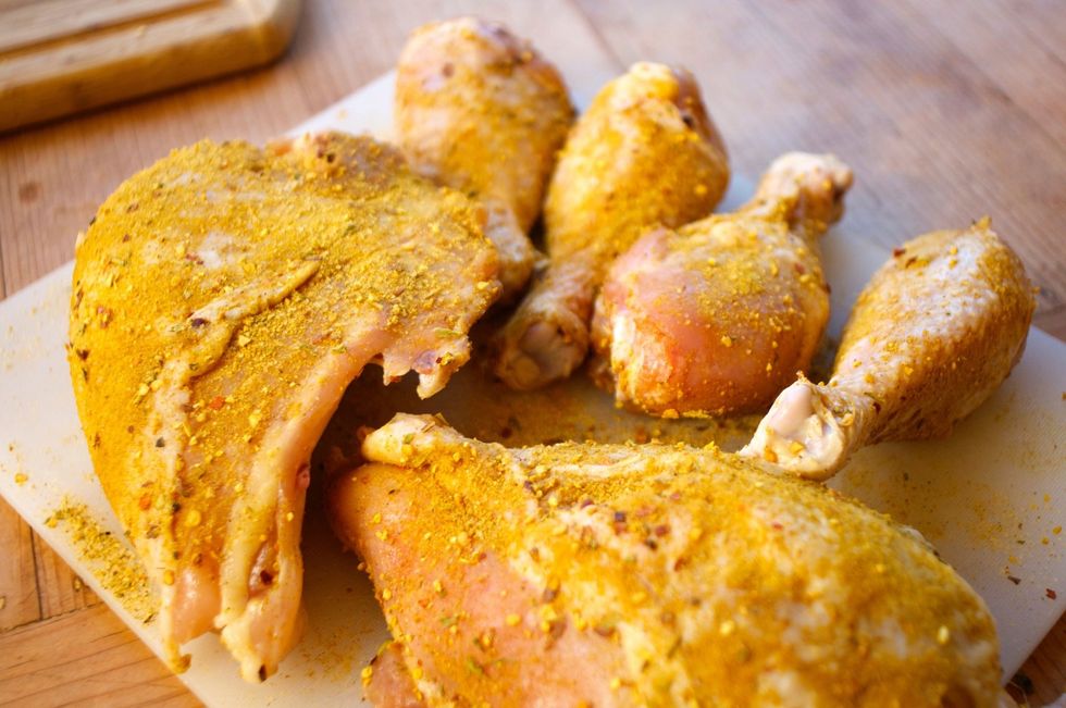 Wash your chicken then pat it dry. Take 2 teaspoons or so of Curry in a Hurry and completely season the chicken, rubbing it all over. Cover and let the chicken marinate for 30 minutes or longer.