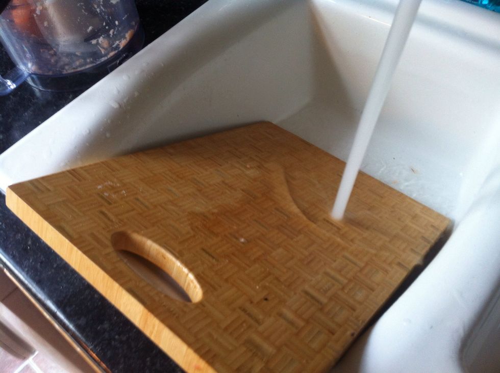 Wash your chopping board thoroughly and dry it, you will need it to be dry for the next step.