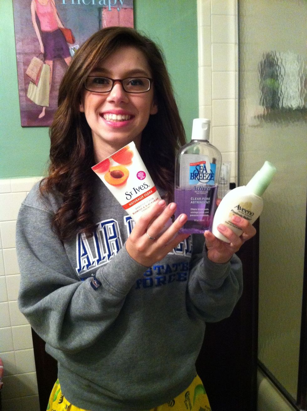 Wash your face. Use a gentle exfoliating face wash, follow with a toner and then an even, thin layer of your favorite moisturizer.