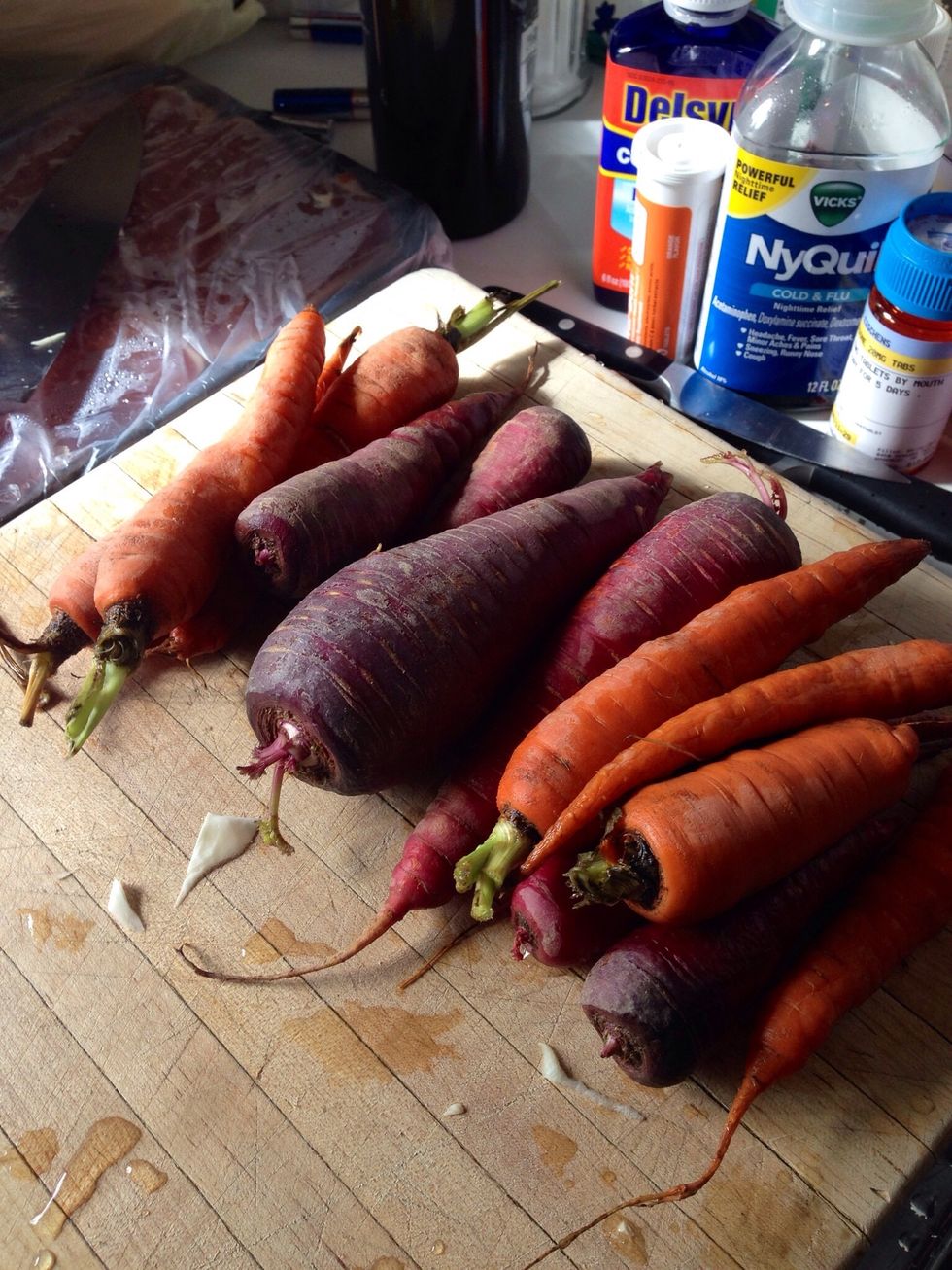 Wash your vegetables. You could use anything. Carrots, potatoes, onions... P.S. I wish all that cold medicine wasn't there, but...such is life!