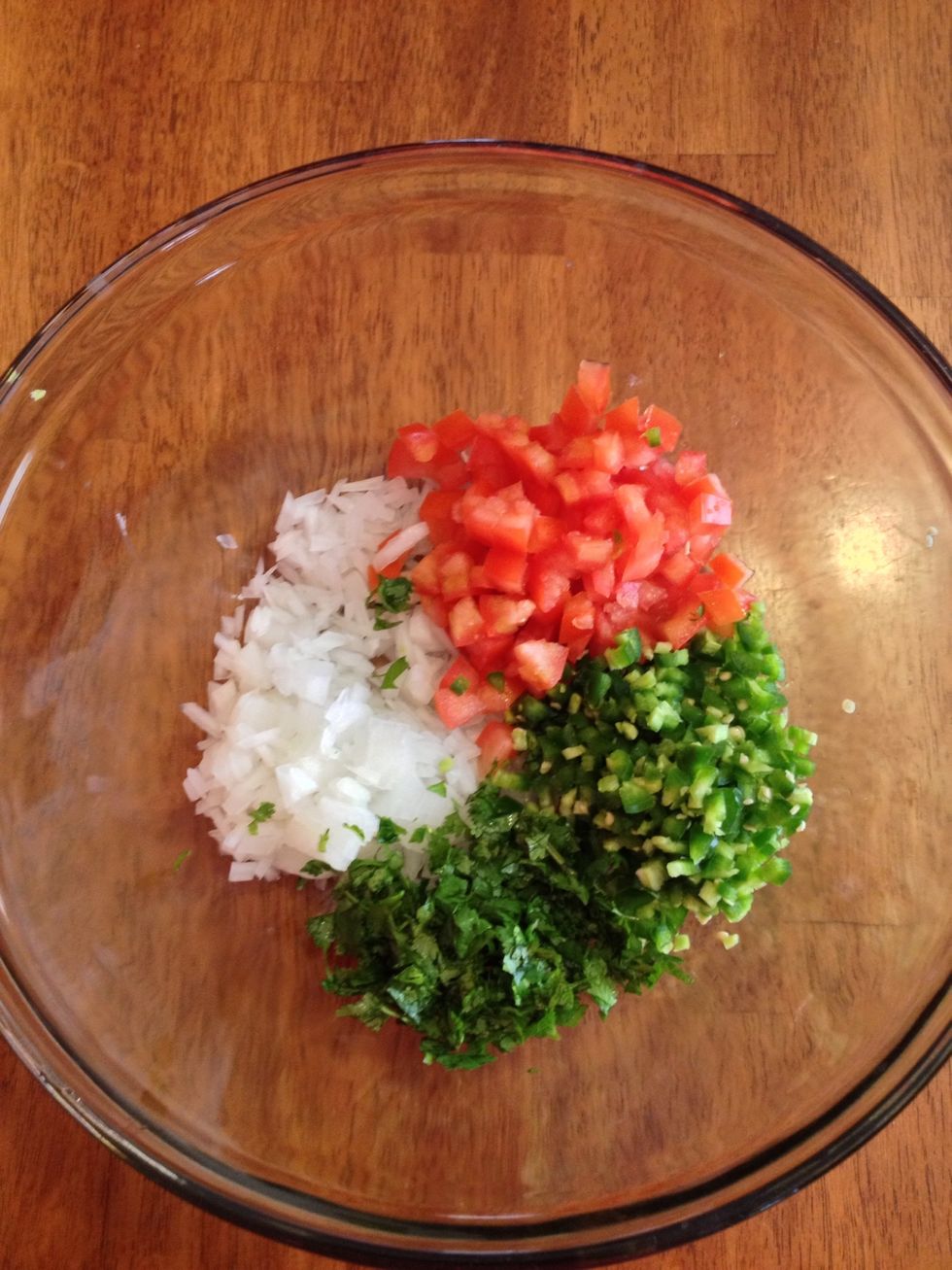 Wash your veggies. Chop them up any way you want an put them in a bowl. You can add more or less.