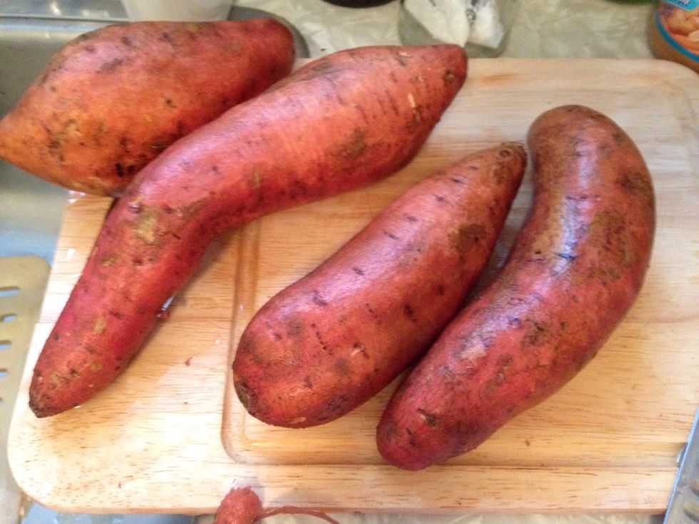 Wash your yams/sweet potatoes, they don't need to be scrubbed clean as your going to peel them anyway.