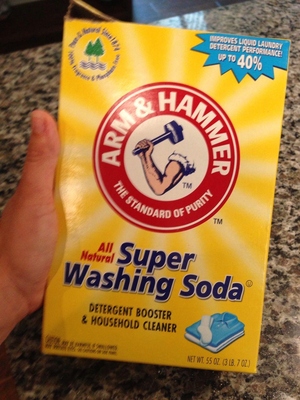 Washing soda.. NOT the same as baking soda. Grease fighter and all natural (limestone and salt). No added chemicals at all. Betta' rekkognize. Stores have it. So does Amazon.