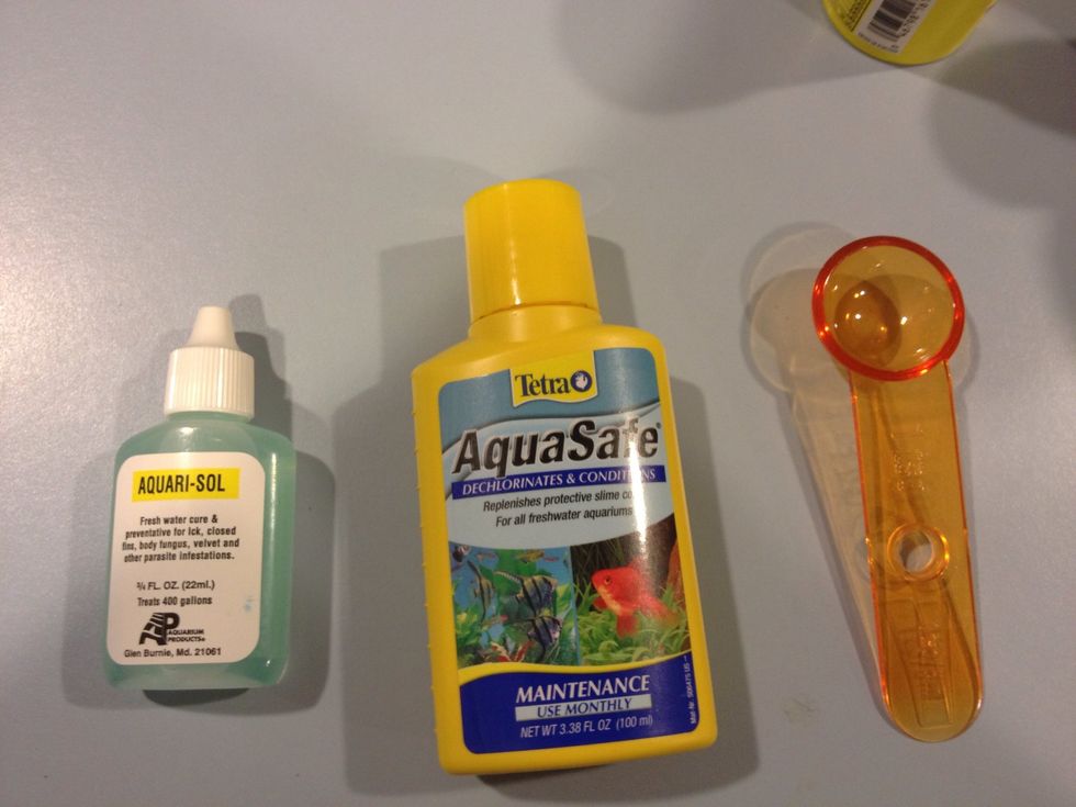 Water preparation is important, and not hard. Here I have Aquarisol, AquaSafe, and a 1 tsp measuring spoon just for this task.