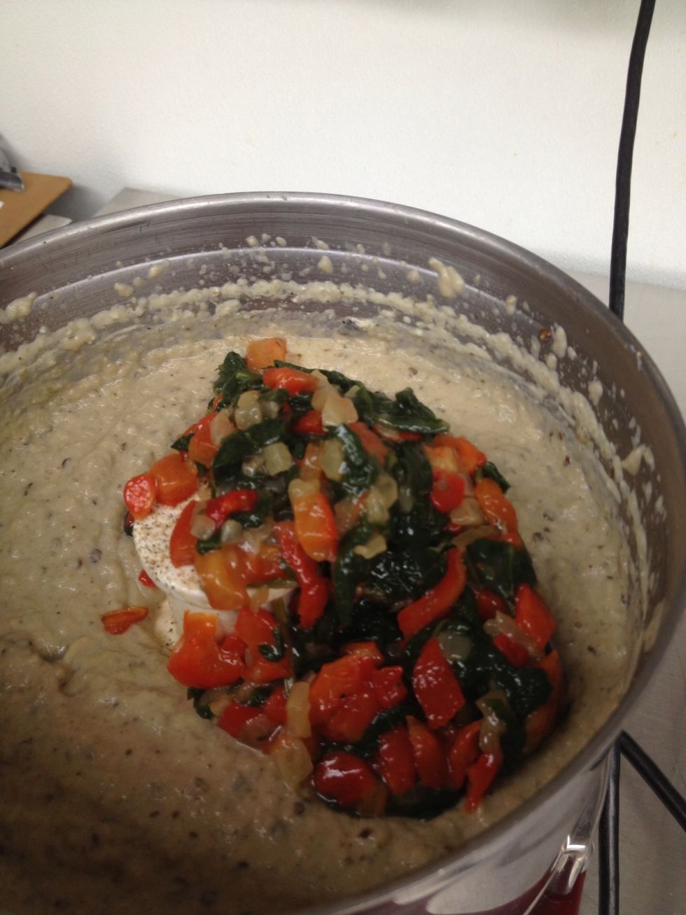 We added roasted peppers with wilted spinach and saut\u00e9ed onions.