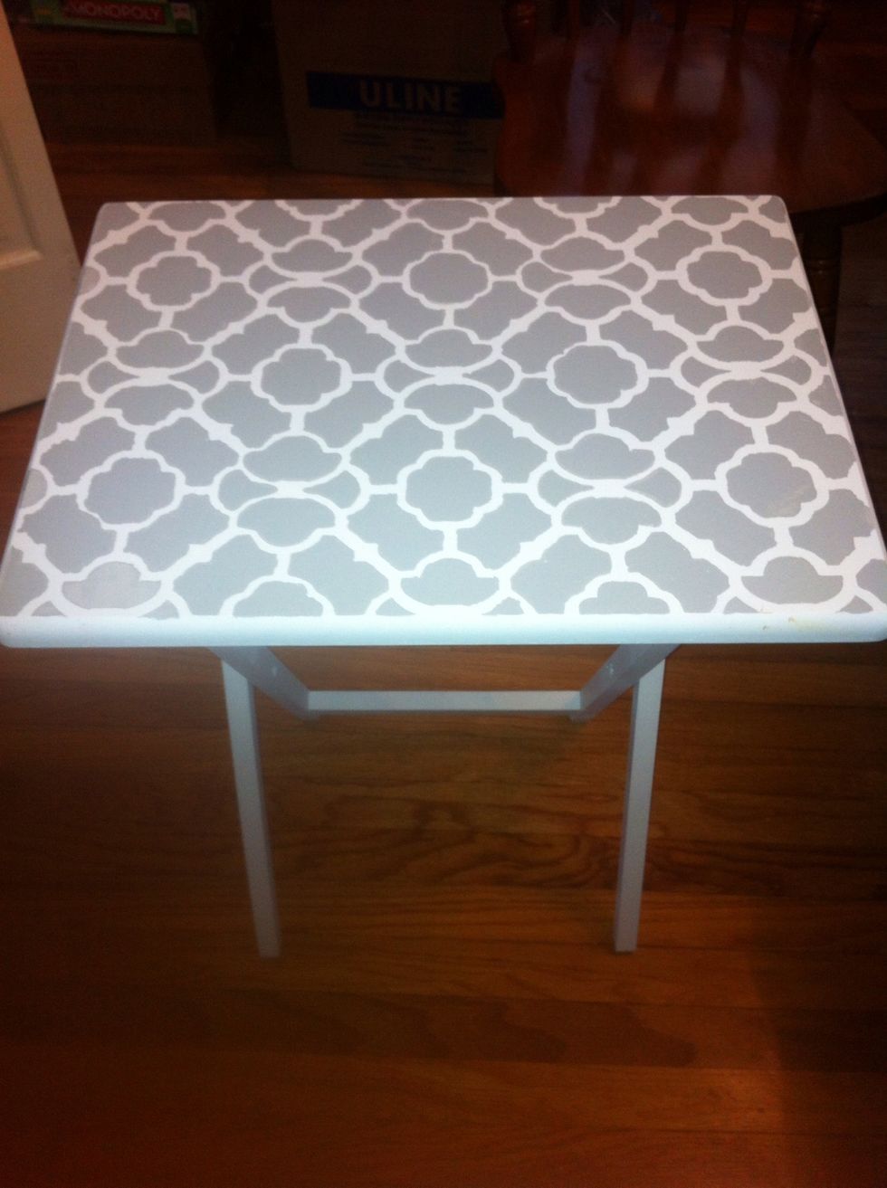 We also had cheap tray tables that I stenciled to match. Makes it all look like a set for entertaining! We keep it in the dining room