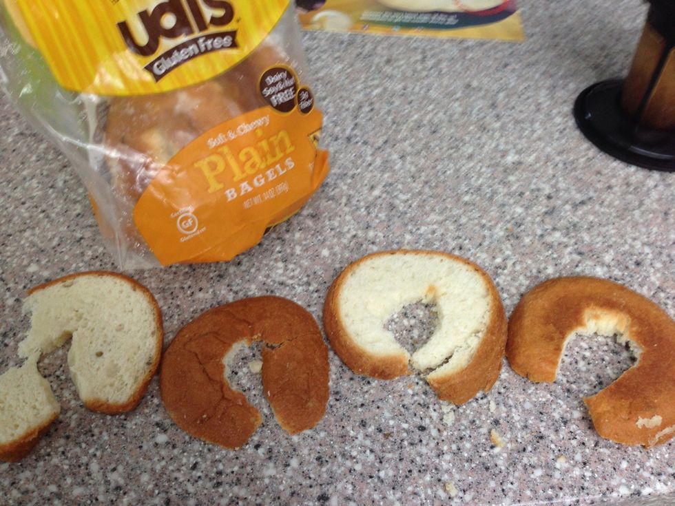 We always cut each half of bagel in half.