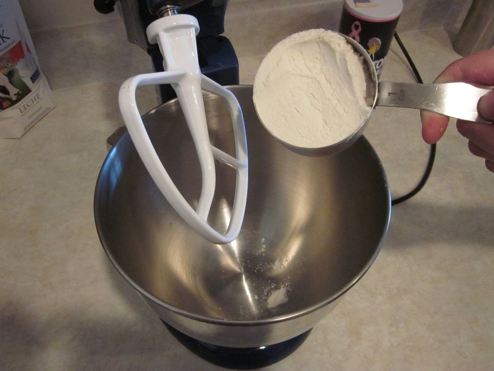 We are diving in, put all the flour into your bowl. If you're a cool kid you have a fancy mixer with a bowl you can use.