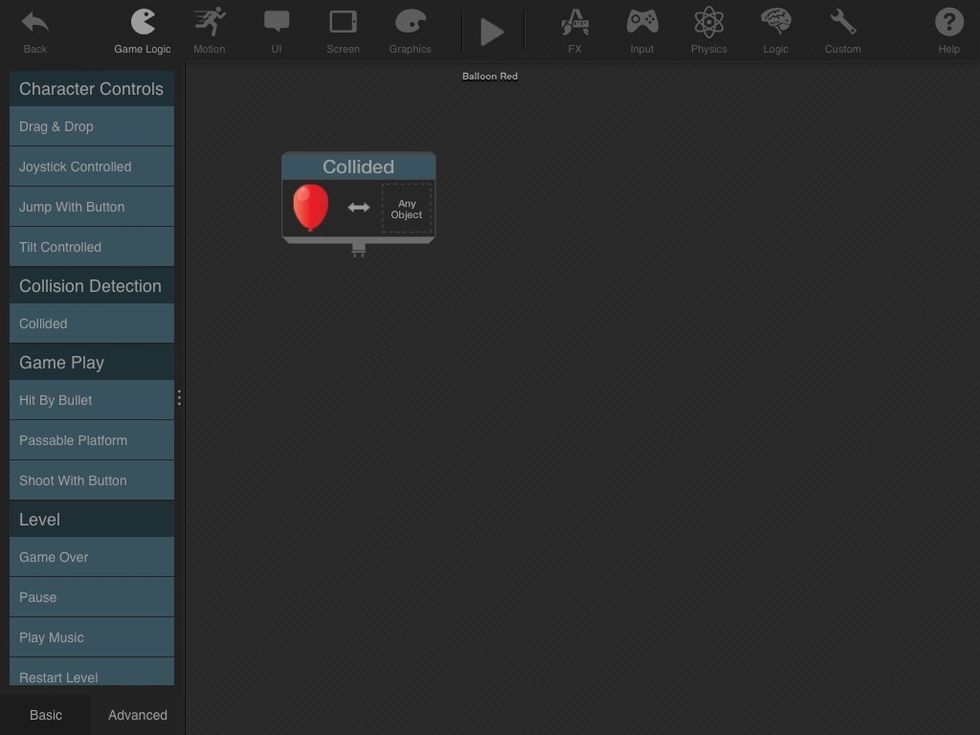 We are going to make the balloon detect when something collides with it, so drag a COLLIDED behavior to the empty space.