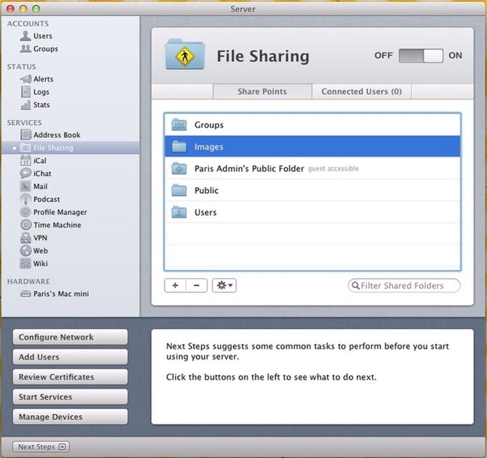 We are going to share our images folder. Click on File Sharing and add your images folder.