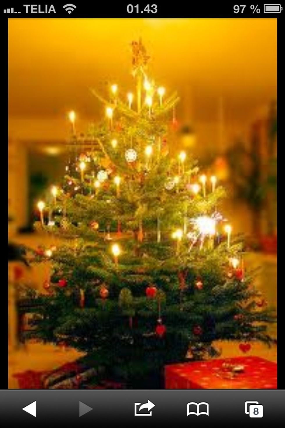 We celebrate Christmas in the evening of the 24. First we eat ourself paralysed on duck and rice pudding. Then we dance round the candle lit tree singing christmas carols. Then it is time for gifts.