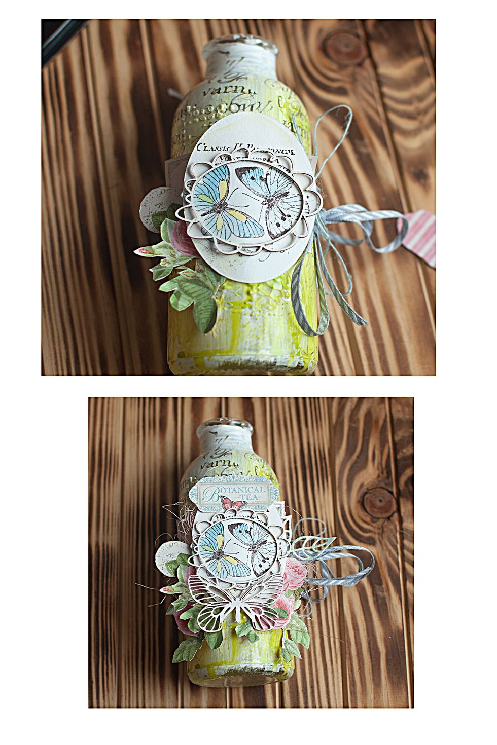 We decorate our bottle with elements, which are cut from the paper and with chipboards Scrapiniec