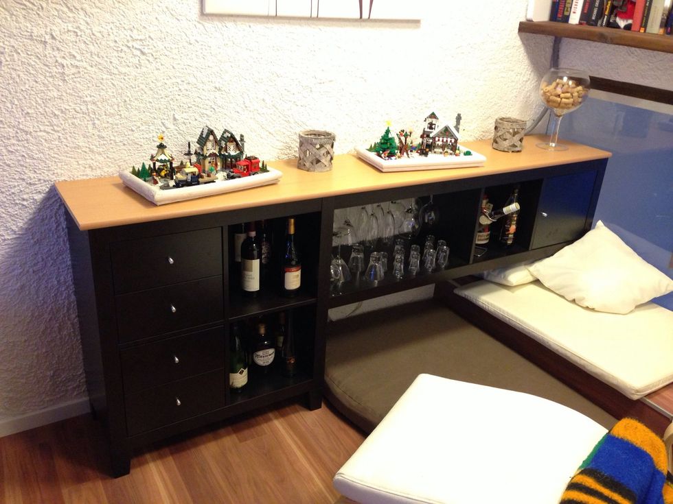 We finally added a countertop to the bar - just like we did with our Besta TV rack on the other side of the living room.