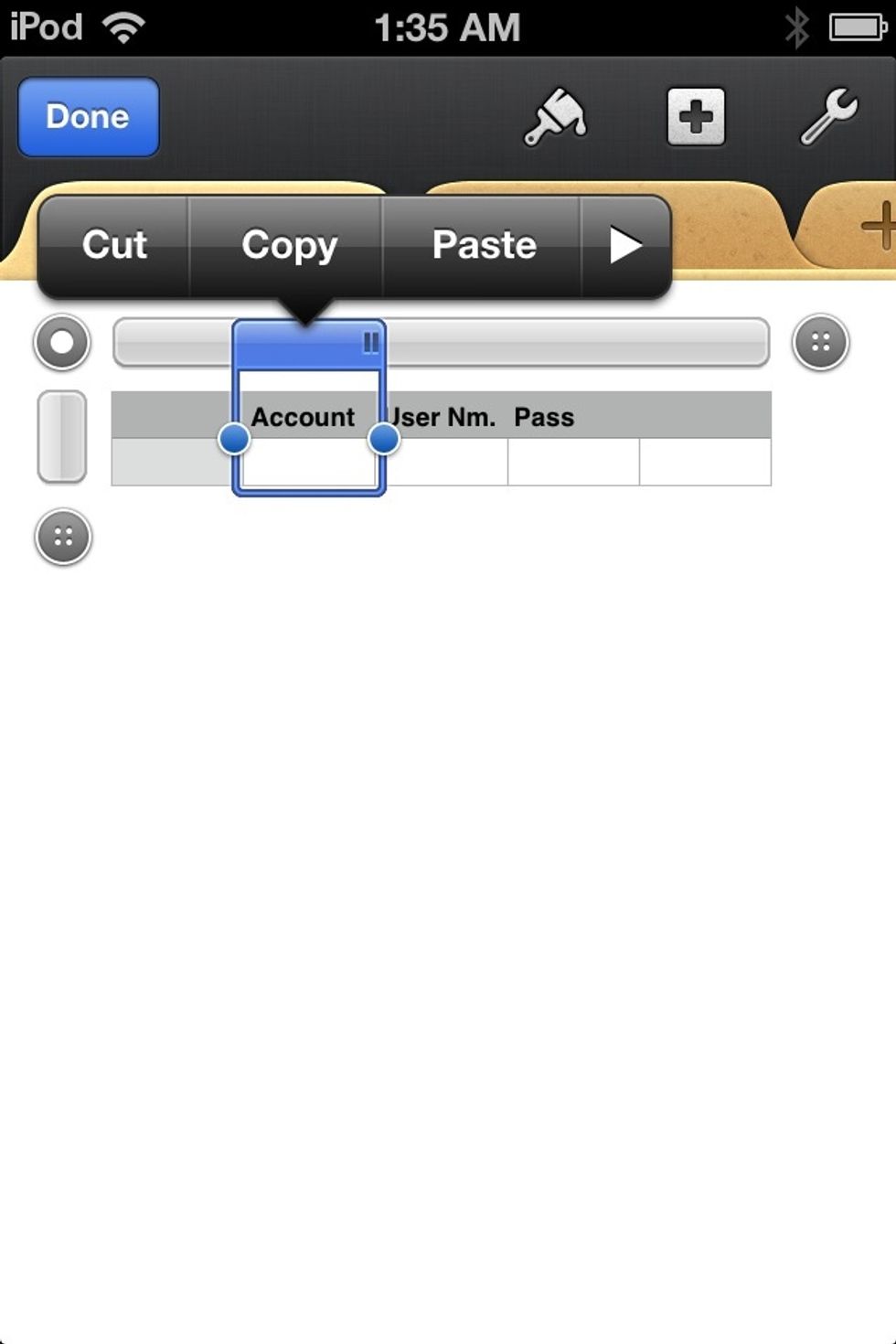 We have to decide what TYPE of information will be allowed in each section. Go back to the SHEET 1 tab and select the ACCOUNT section by tapping the grey bar above it. Tap the grey PAINTBRUSH.