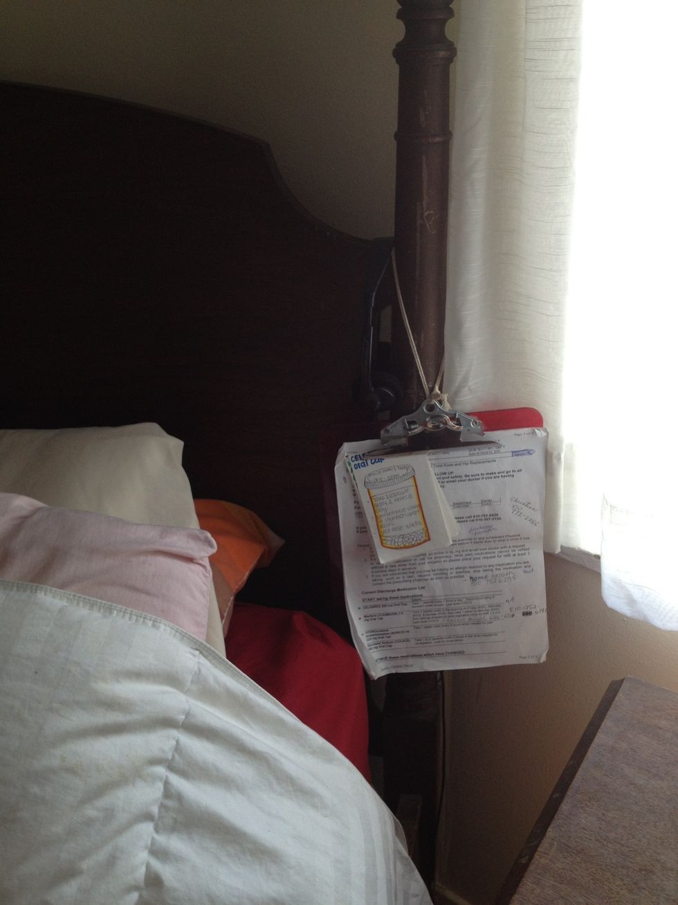 We keep the index cards on a clip board that hangs on my bed for easy access.