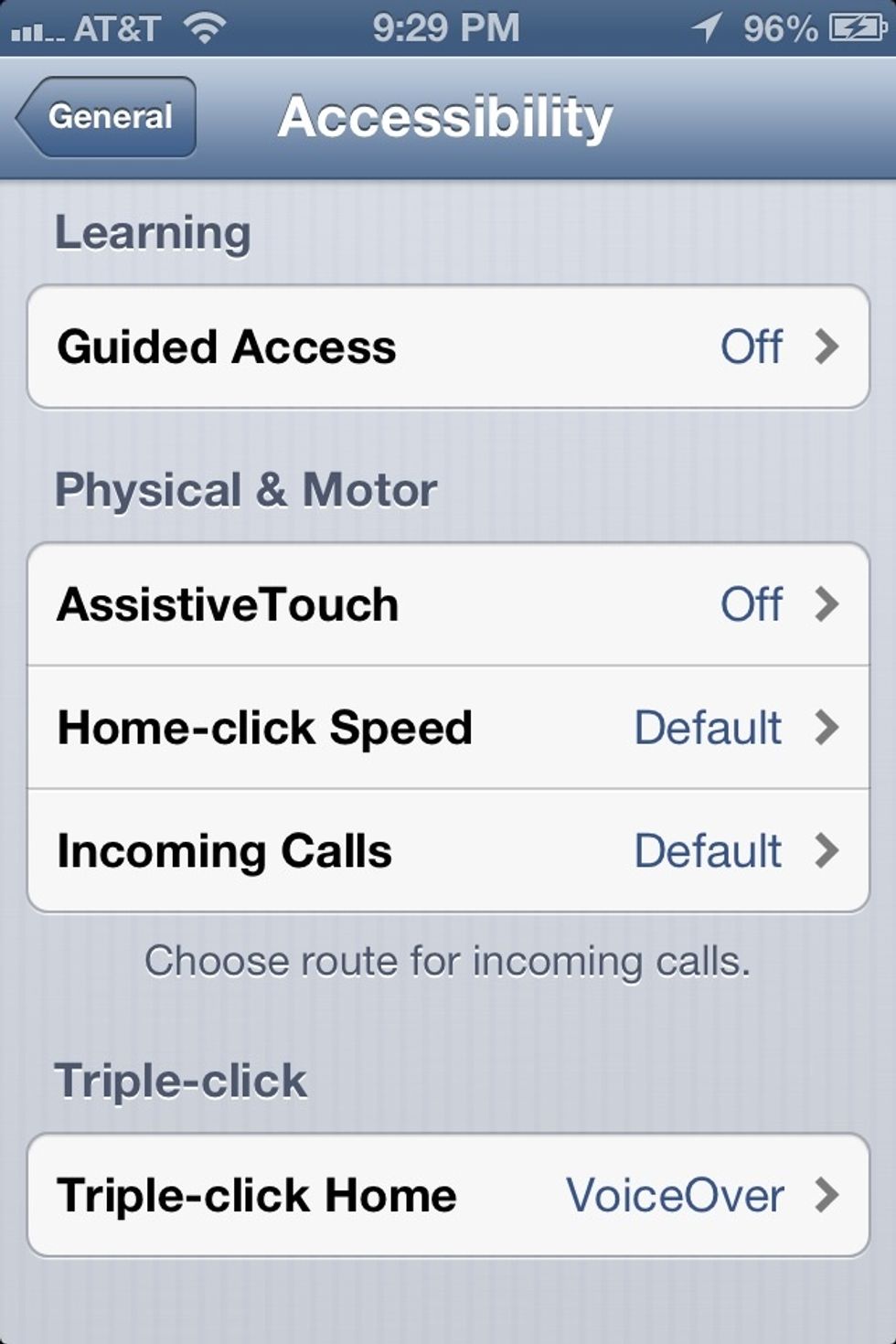 We'll make use of the iPhones VoiceOver function. Go to Settings/General/Accessibility and scroll to the bottom to "Triple-Click Home". Set it to VoiceOver.