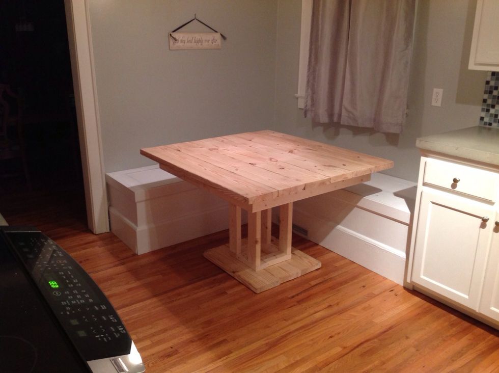 We made a table too, but it is still a work in process. Our next step is to add cushions / pillows and possibly a back - thinking about wainscoting to finish out and define the space.