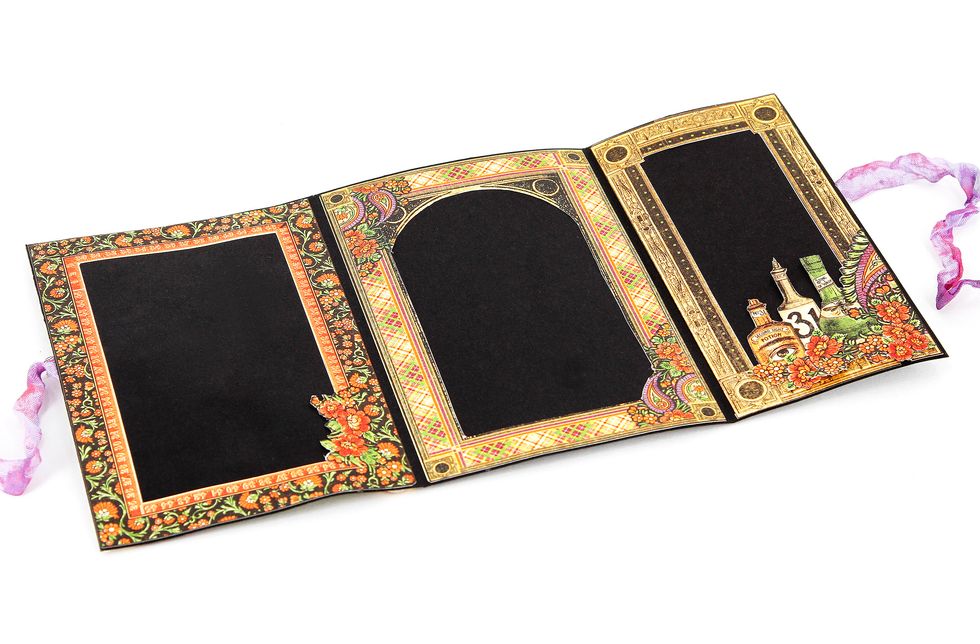 We pick suitable by their design frames for our spreads. You can always correct the sizes by cutting the frames in the corners or straight sides and covering the cuts afterwards.