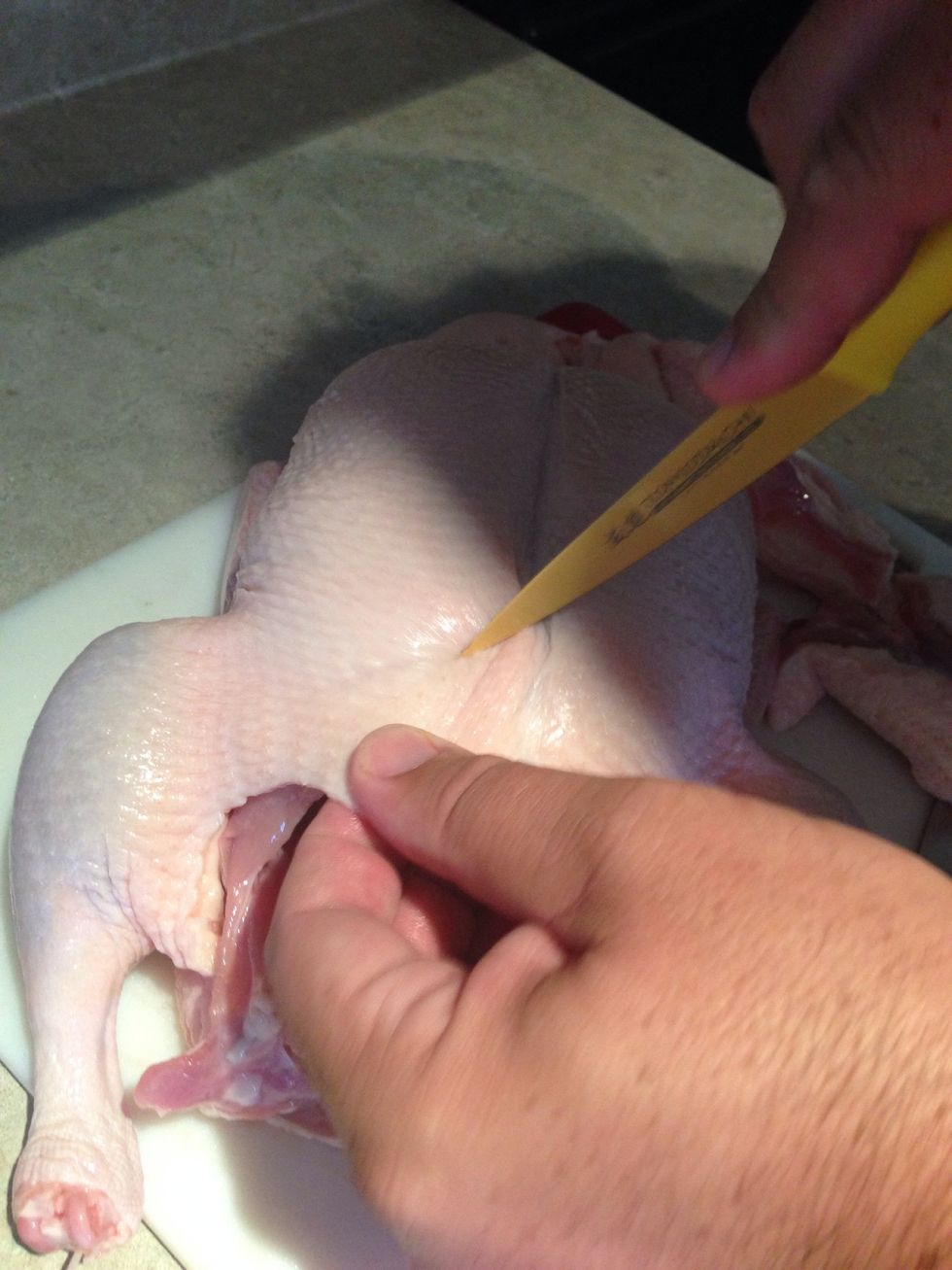 We're doing a slow cook on the BBQ, so we'll try and render down the majority of the fat. To do so score with a sharp knife JUST down to the fat.