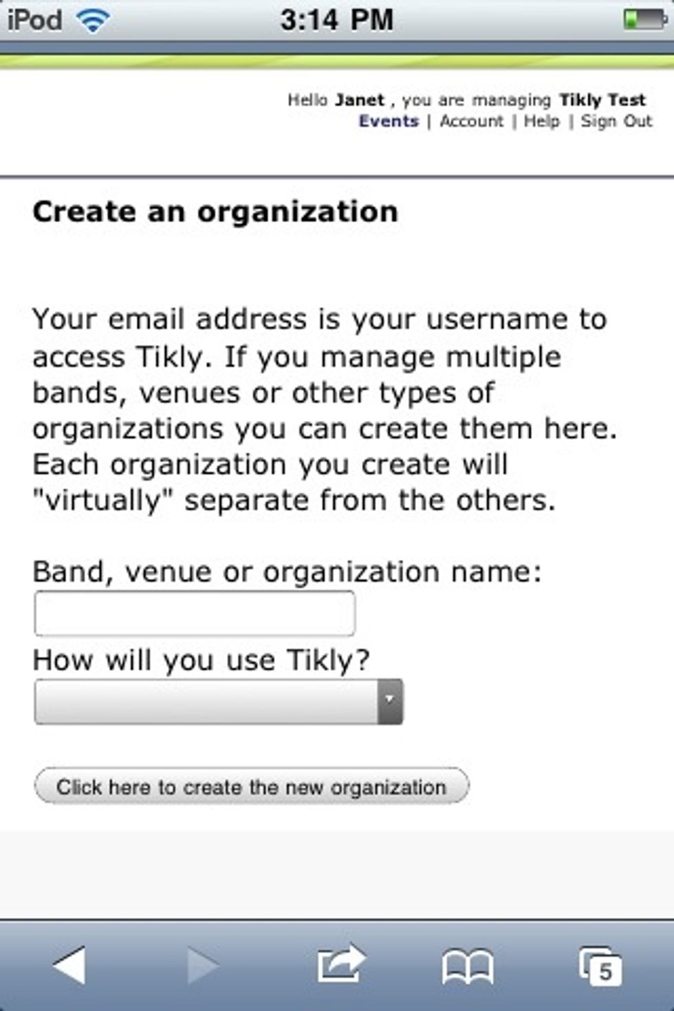 We're going to create a new organization, so fill out this bit of info, and hit that button to create it. For this example, I'll call mine Tikly Test. Creative, I know.