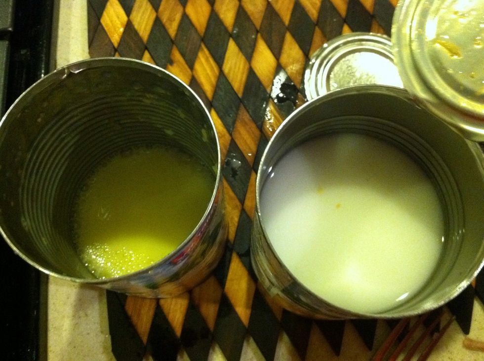 We're reusing the empty corn cans. Fill one can 3/4 full of water and add the cornstarch to it. In the second can add the egg along with 3 tablespoons of water and whisk the egg and water.