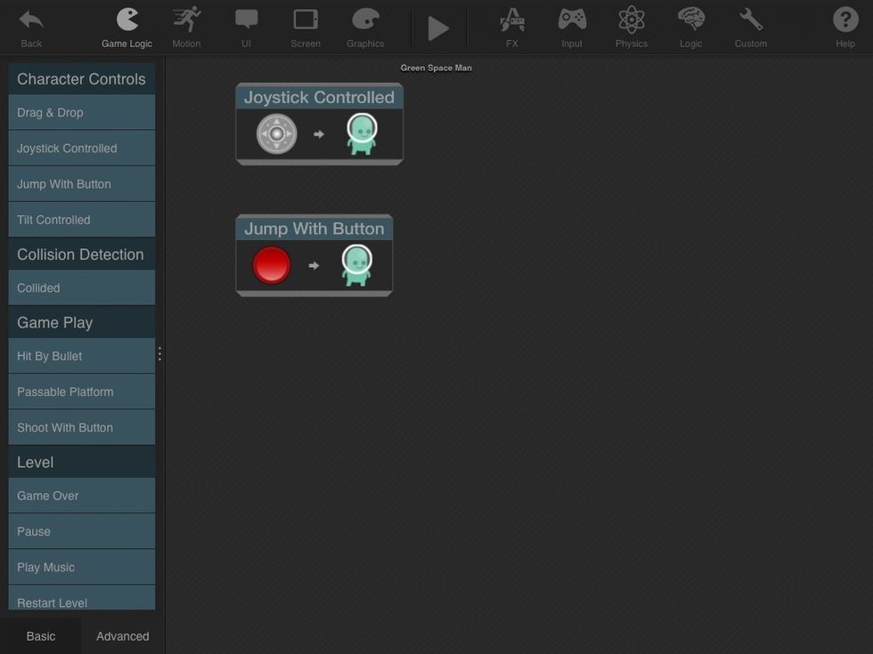 We re under the GAME LOGIC behaviors. To add a behavior drag it from the panel on the left to the open space. Drag a JOYSTICK CONTROLLED and JUMP WITH BUTTON behavior into the empty space.