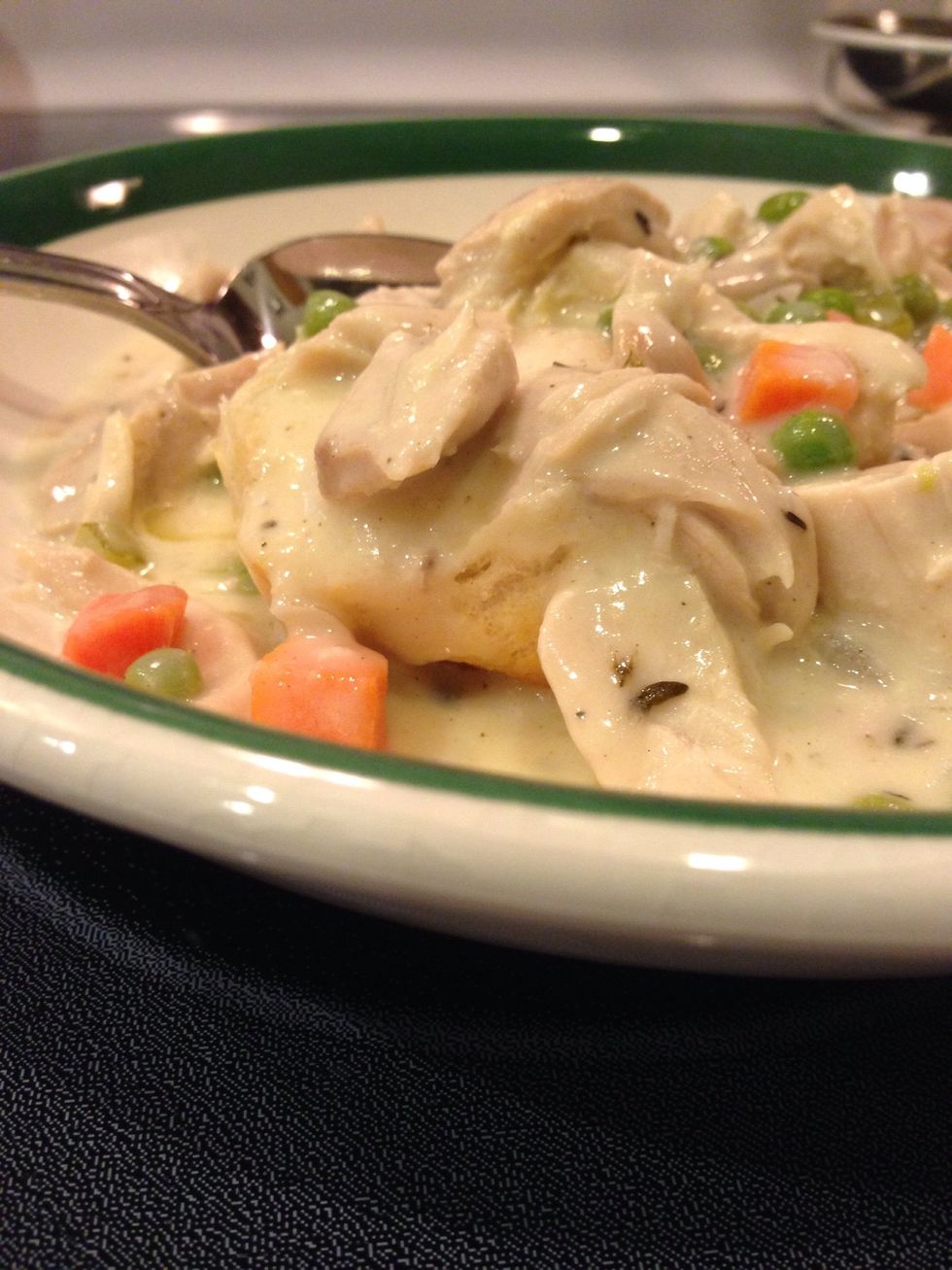 We served this over biscuits. This stew can also be used as a base for chicken pot pie, just thicken it a little by decreasing the amount of chicken broth by about a half a cup.