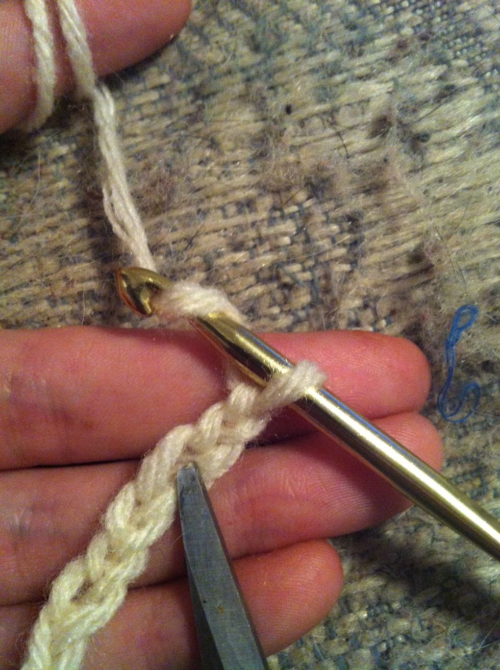 we skip the first 2 chains, yarn around and insert your hook in the third chain (where the siccors are pointing at)