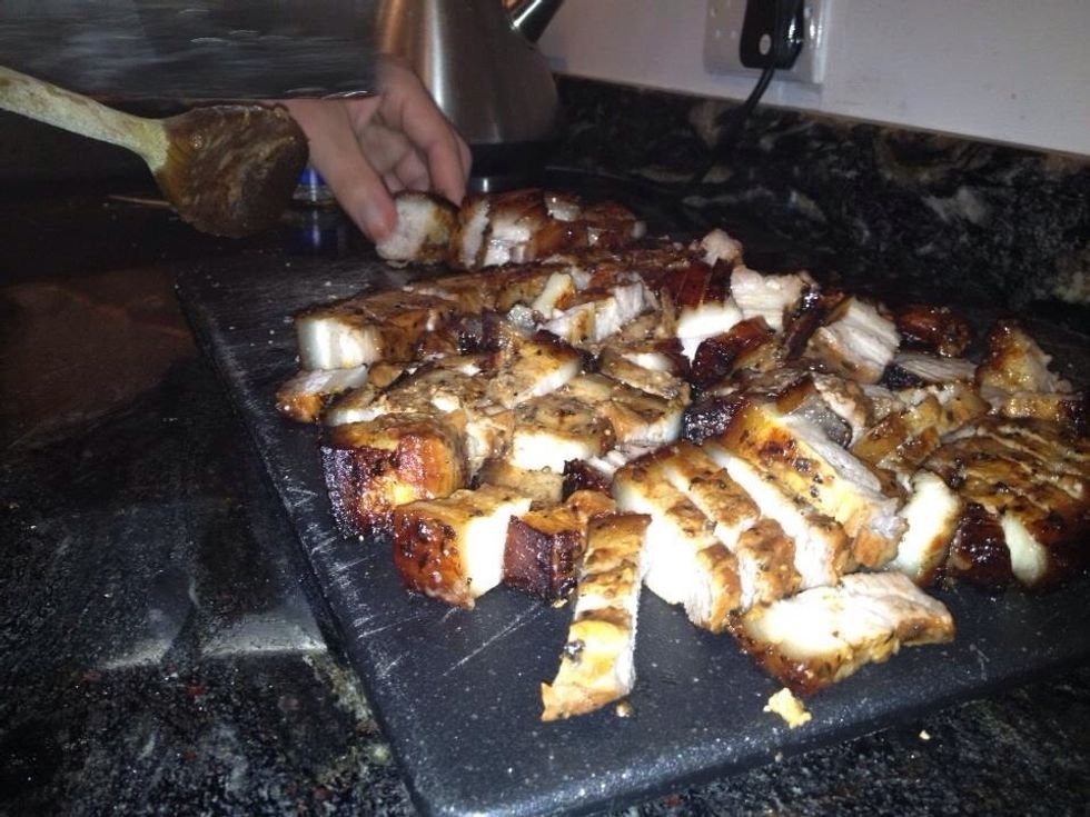 We sliced the fat off the pork belly and then cut it into cubes, but I think it would have worked better if we left it in slices.