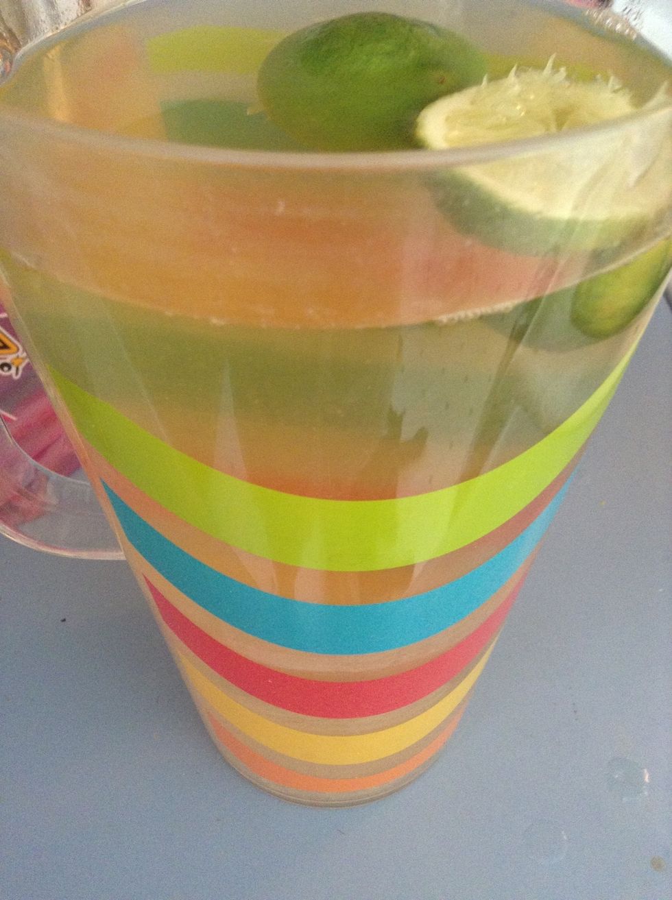 We steeped three green tea bags for about 5 minutes. Add a lime be sure to squeeze it before putting it in. Tea is still hot.