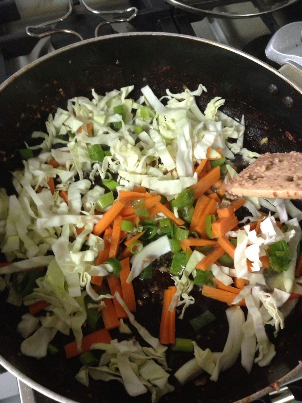 We use the rest if the oil and put all the vegetable with the ginger and cook a little bit more.