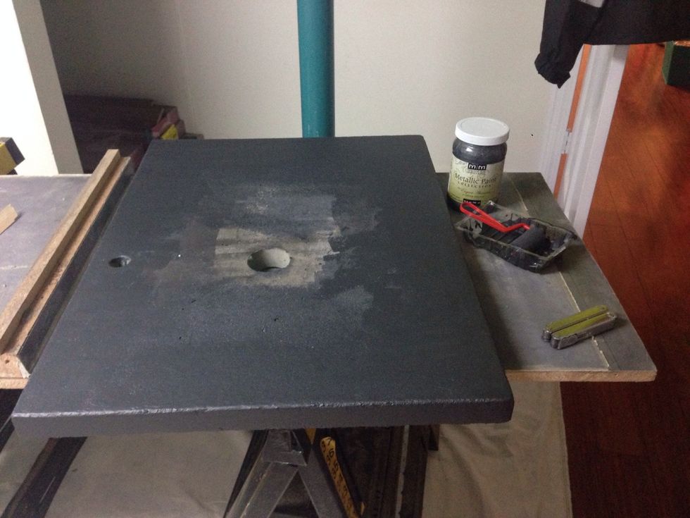 We used 3 coats of stain for our desired look. Don't worry about the center it will be covered by the sink.