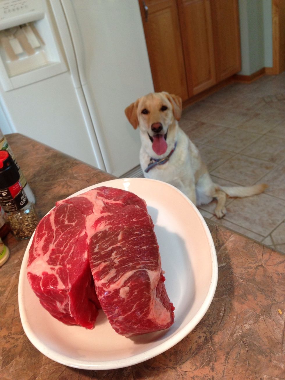 We used a 3 lb. Chuck roast. You can see Molly is VERY interested in possibly "helping" me with this recipe.  (Truthfully we are strict about cleanliness and she is trained to behave in the kitchen)