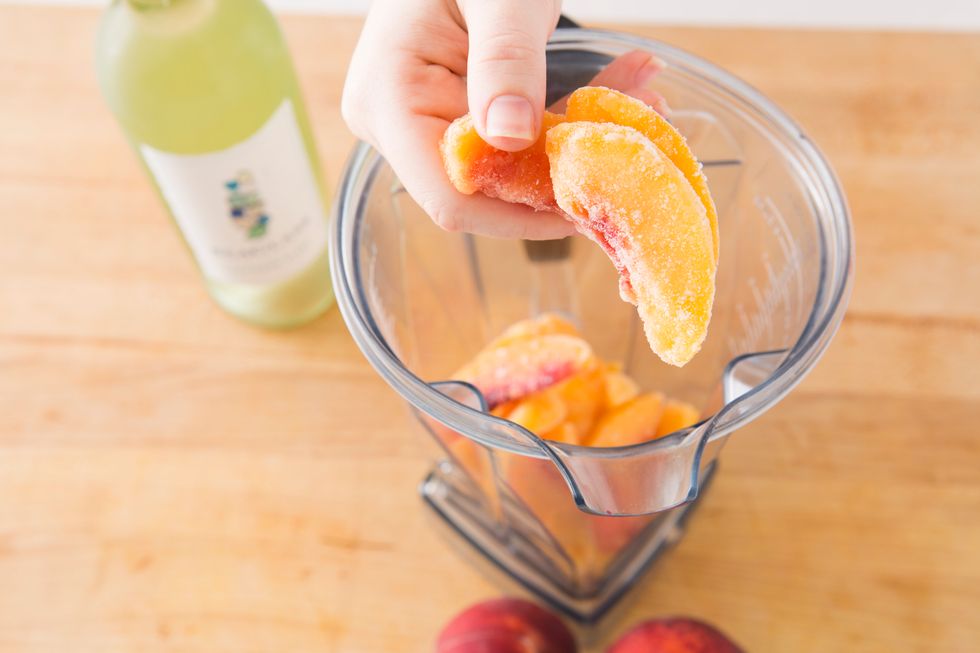 We used frozen peaches to make sure our slushies were ice cold and could be made quickly, but feel free to slice up fresh peaches to freeze. You know about 2-3 medium peaches for the recipe.