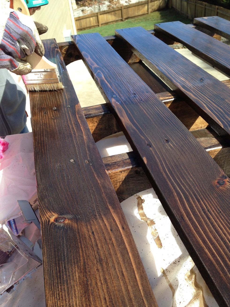 We wanted a very shiny surface on the top, so we did two coats for the top facing beams, and left the rest with a single coat. (Your call)