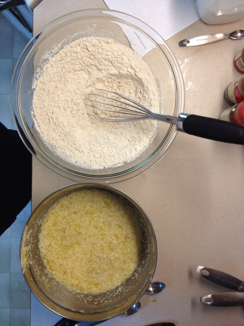 We will add the dry ingredients to our banana mix in three parts.