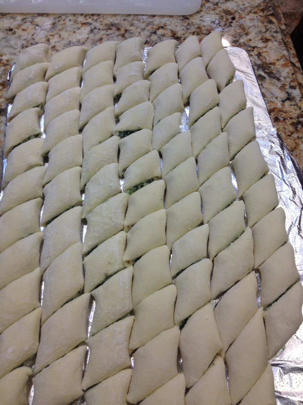 We will be freezing these for whenever we need to make them. They taste just as delicious and fresh. To bake, lay them on tray and brush on egg wash (one egg mixed with cold water).