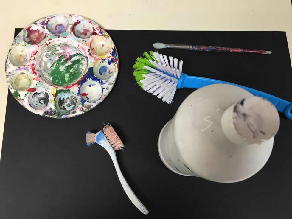 We will begin by painting our papers and allowing them to dry. You will need white acrylic paint, black paper, and some rough brushes such as tooth brushes or a dish brush.